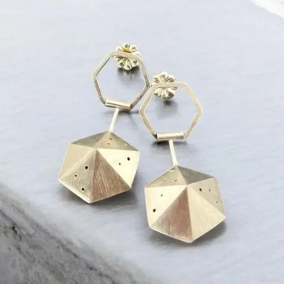 NEW Sterling Silver 3D Pentagon Pierced Earrings - Picture 2 of 4